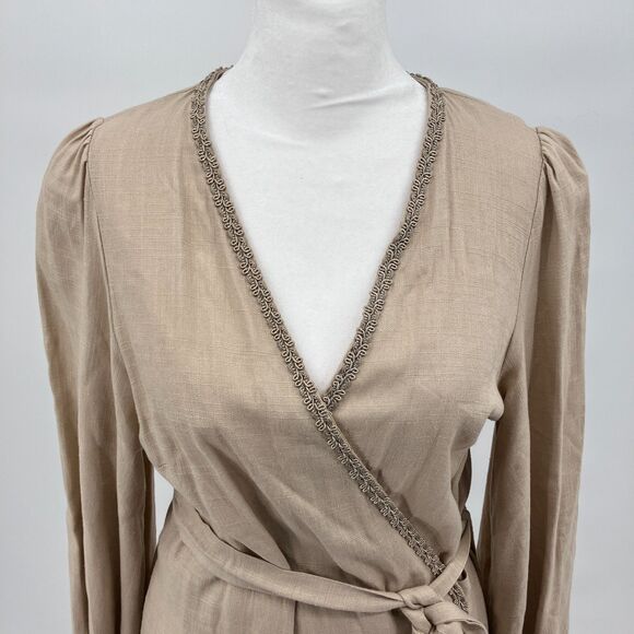 Menti Neutral Linen Blend Wrap Dress sz S Made in Greece Balloon Sleeves Ruffles - Picture 2 of 14